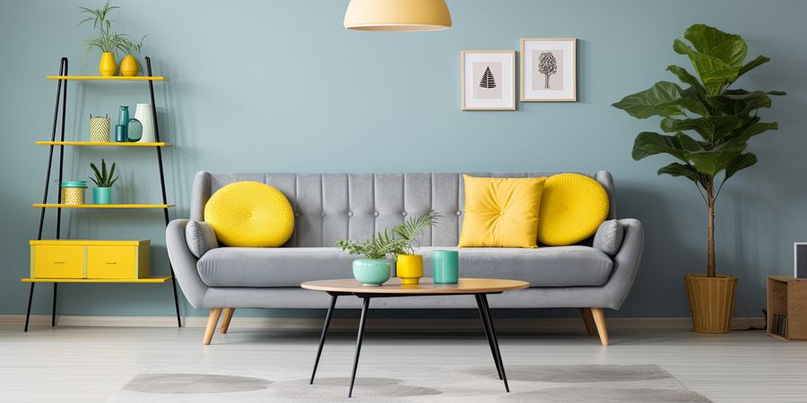 Graues Sofa mit bunten Kissen vor grauer Wohnzimmerwand