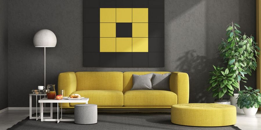 Wohnzimmer in Grau und Gelb – Pantone Farbe des Jahres 2021