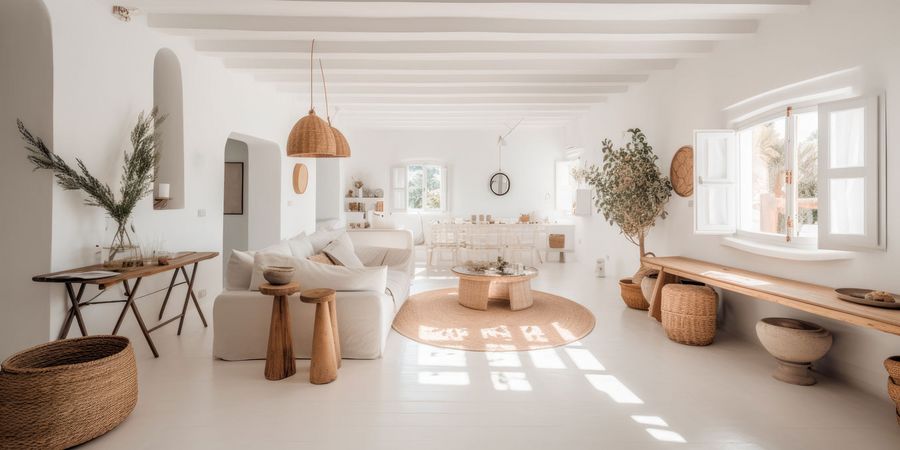 Mediterran gestaltetes Wohnzimmer mit Holz und Rattan