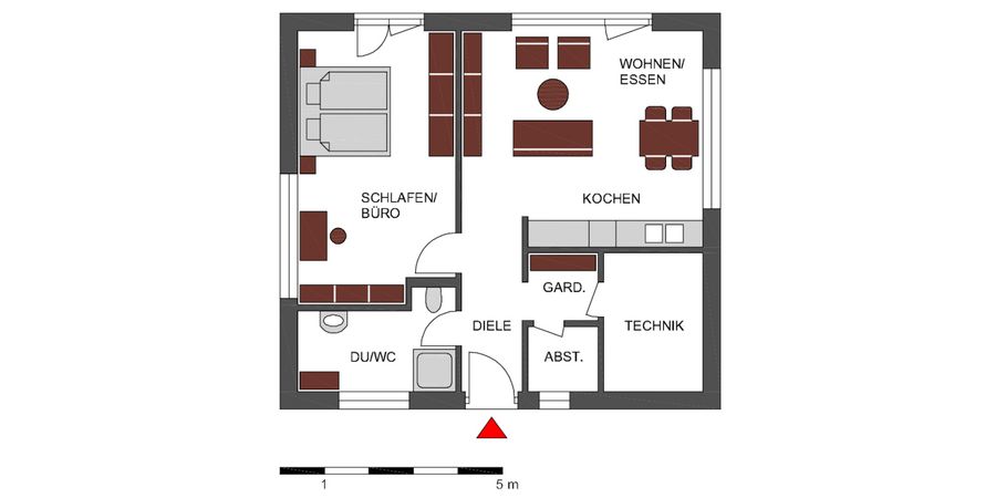 Grundrisszeichnung für einen kleinen Bungalow mit 60 Quadratmetern Wohnfläche.