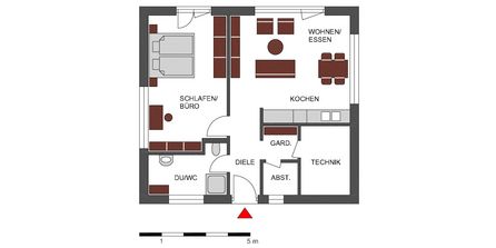 Grundrisszeichnung für einen Mini-Bungalow mit 65 Quadratemetern Wohnfläche.