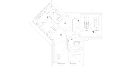 Grundrisszeichnung: Bungalow mit Garage und Walmdach